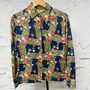 Vtg Lerner Shops Dagger Collar Blouse 60s 70s Floral Abstract Print Hippie Boho